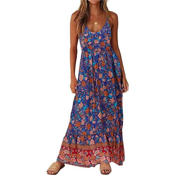 Summer New Spaghetti Strap Backless Print Maxi Floral Dress